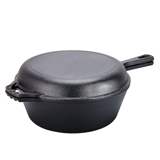 2-In-1 Pre-Seasoned Cast Iron Dutch Oven and Skillet Set -5 Quart Black Cookware with Handles - Dutch Oven with Lid - Enameled Cast Iron Cookware for Braising, Frying, Camping, and Indoor Use